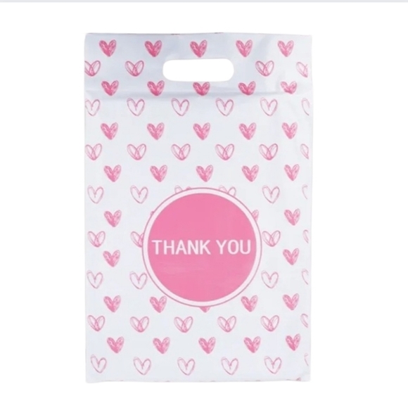 Poly mailers with handle pink hearts on white background 10 x 13 valentine - Picture 1 of 1